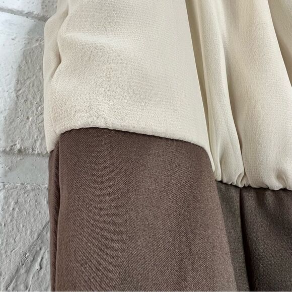 New Brown Satin Beige Chiffon Beaded Neckline Sleeveless Sheath Dress. - Picture 7 of 11